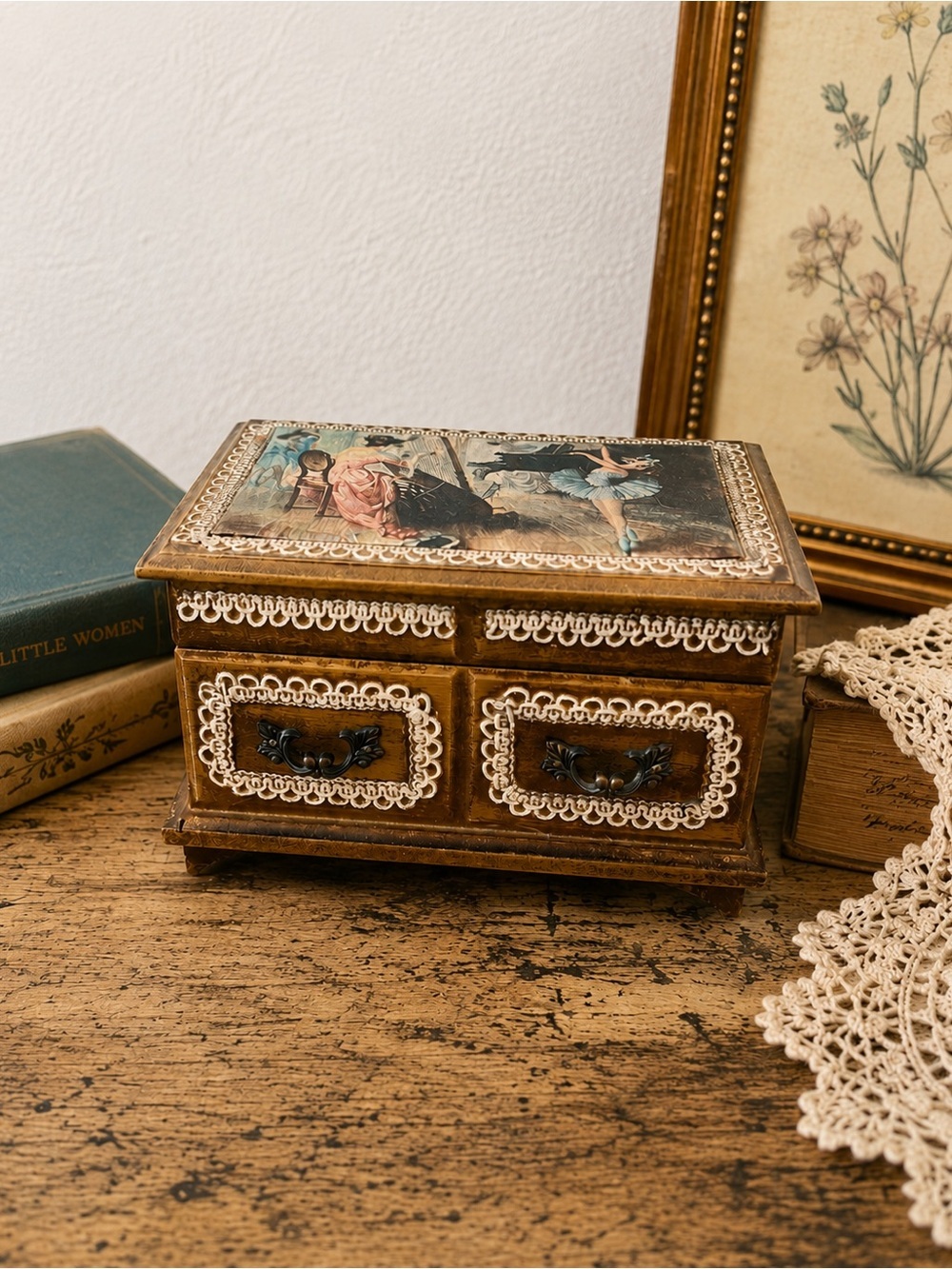 Wooden Ballerina Jewelry Box Mirror Lift-Out Tray Victorian Style